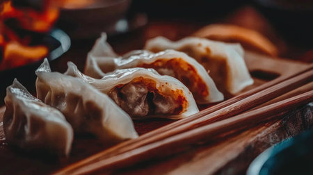 A close-up view of delicious dumplings served on a wooden board with chopsticks. The tasty, handmade treats invite a culinary adventure full of rich flavor.の素材