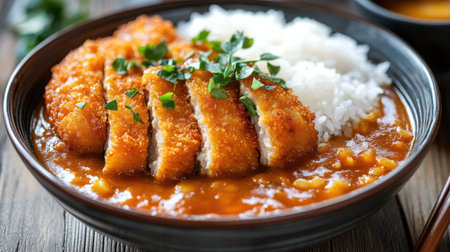 A serving of crispy chicken cutlets paired with fluffy rice and rich sauce on a rustic wooden table. Perfect for lunch or dinner enjoyment.の素材