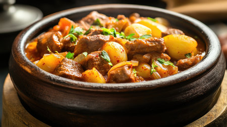 A rustic bowl filled with savory meat and potato stew, garnished with fresh herbs. This hearty dish captures warmth and comfort, perfect for any meal.の素材