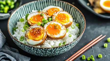 A vibrant bowl of rice topped with perfectly cooked eggs, featuring a rich orange yolk and garnished with fresh green onions and sesame seeds.の素材
