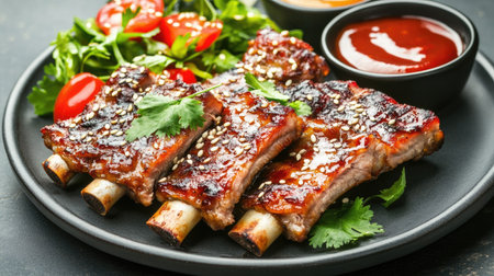 Savor the mouthwatering barbecue ribs served with a vibrant salad and tangy sauces, perfect for any occasion or gathering. Enjoy this delicious feast!の素材
