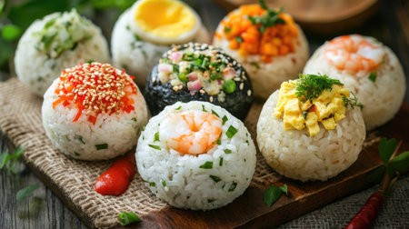 Delight in a variety of colorful sushi rice balls garnished with fresh ingredients, perfect for a tasty snack or elegant meal presentation.の素材