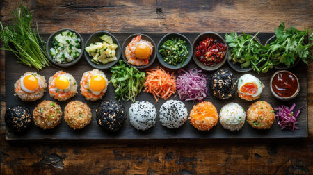 An elegant display of sushi with vibrant ingredients and fresh flavors. The arrangement features sushi balls topped with fresh eggs, vegetables, and sauces.の素材