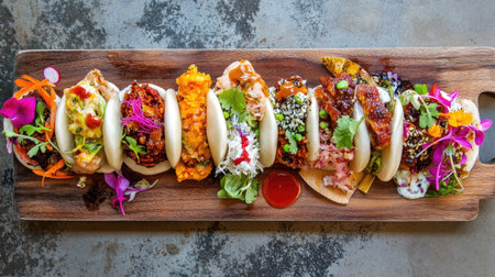 A beautifully arranged selection of gourmet bao buns on a wooden platter, featuring colorful toppings and fresh ingredients. Perfect for food enthusiasts.の素材