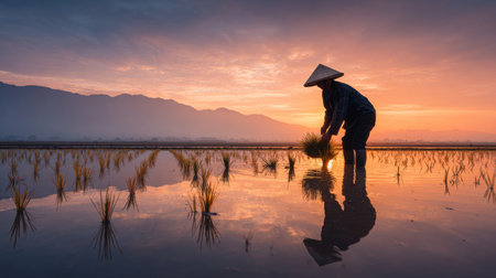 A farmer tending to rice plants in a tranquil field during sunrise, reflecting beautiful colors in the still water, set against majestic mountains.の素材