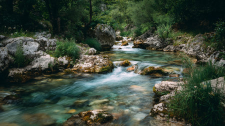 A peaceful stream flows gently through a lush forest, surrounded by rocky outcrops and vibrant greenery, creating a serene and tranquil natural landscape.の素材