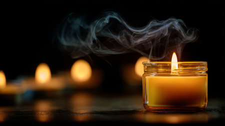 A tranquil image of a glowing candle in a dark setting. The candle emits a gentle flame surrounded by swirling smoke, creating a serene and relaxing atmosphere.の素材