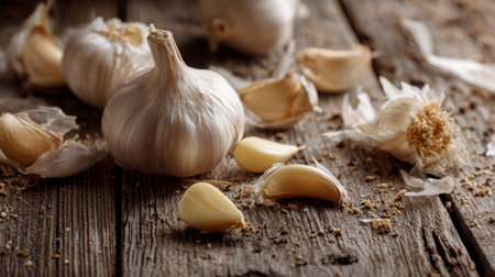 Close-up of fresh garlic bulbs and cloves scattered on a rustic wooden table. Ideal for showcasing healthy cooking ingredients and natural culinary delights.の素材