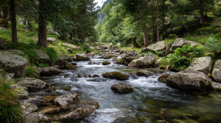 A picturesque view of a calm stream flowing through a verdant forest setting. The scene captures rocks, ferns, and trees, creating a serene natural environment perfect for relaxation.の素材