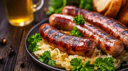 A tempting plate of grilled sausages served on a wooden table with sauerkraut and garnished with fresh herbs, perfect for a hearty meal.の素材
