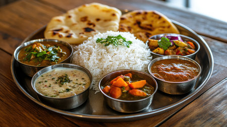 A beautiful silver plate showcasing a variety of Indian dishes. The meal features rice, assorted curries, flatbreads, and fresh garnishes, perfect for sharing.の素材