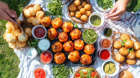 A vibrant picnic scene featuring an array of delicious Indian street food. Colorful snacks, dips, and fresh herbs create a festive, inviting atmosphere.の素材