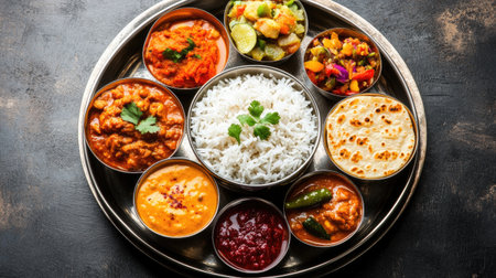 A vibrant Indian thali featuring an assortment of dishes including curry, rice, and vegetables, perfect for showcasing traditional cuisine and flavors.の素材