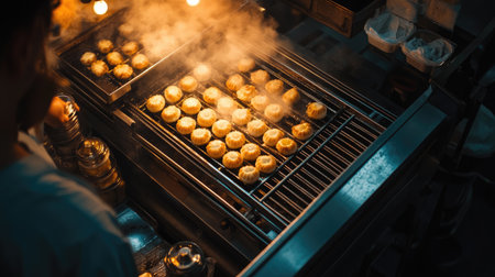 A mouthwatering scene of freshly baked goods steaming on a grill in a bustling street food stall, highlighting the vibrant culinary culture and delicious aromas.の素材