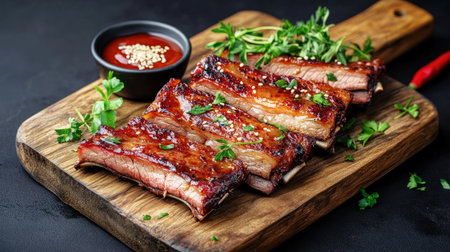 Indulge in these mouth-watering grilled ribs, perfectly glazed and served with fresh herbs. Enhance your meal with a side of savory barbecue sauce.の素材