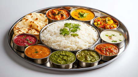 A vibrant Indian thali showcasing a variety of dishes, including rice, curries, vegetables, and naan, perfect for a festive feast or a hearty meal.の素材