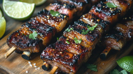 Delicious grilled skewers featuring marinated meat, garnished with fresh herbs and lime, creating a vibrant and flavorful summer dish perfect for gatherings.の素材