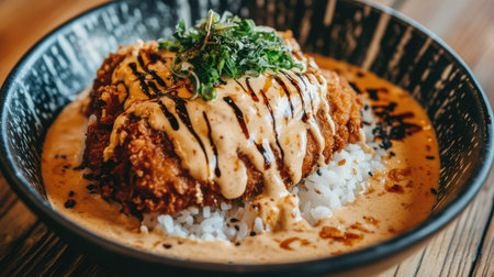 A beautifully presented chicken dish served on rice, drizzled with creamy sauce and garnished with fresh herbs, perfect for any dining occasion.の素材