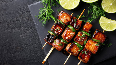 Savory grilled skewers with citrus garnish, fresh herbs, and sesame seeds create a vibrant and appetizing dish ideal for any meal or celebration.の素材