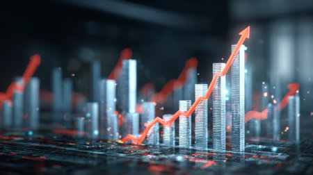 This digital artwork depicts a financial growth graph with rising charts and a prominent red arrow, representing positive market trends and effective business strategies.の素材