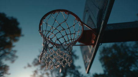 A captivating close-up of a basketball hoop at dusk, highlighting the intricate details of the net. Perfect for themes of urban sports culture and evening play.の素材