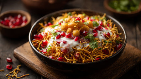This vibrant bowl of bhel puri features crispy noodles topped with chickpeas, pomegranate seeds, creamy yogurt, and fresh herbs, capturing rich flavors in every bite.の素材