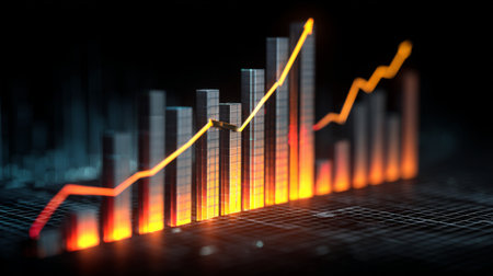 This image features a vibrant data visualization with graphs and charts illustrating a strong upward trend, ideal for financial or analytical presentations.の素材