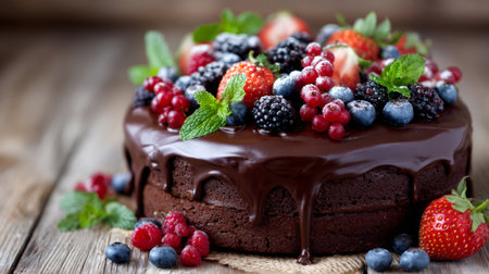 A rich chocolate cake adorned with an array of fresh berries and mint leaves, ideal for any dessert table or special occasion, showcasing vibrant colors and textures.の素材