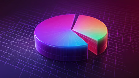 This vibrant 3D pie chart features a colorful design on an abstract background, ideal for presentations, reports, or digital illustrations related to data visualization and analysis.の素材