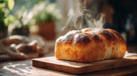 Capture the essence of comfort with this freshly baked loaf of bread, warm and golden, emitting steam in a cozy kitchen setting, ideal for culinary art.の素材