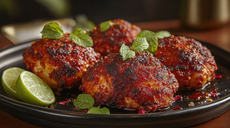 Delight in these crispy spiced potato cakes garnished with fresh mint and lime, perfect for a flavorful appetizer or a tasty side dish for any meal.の素材