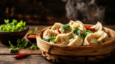 A close-up of delicious steamed dumplings served in a bamboo basket, garnished with fresh herbs and chilies. Perfect for culinary delights.の素材