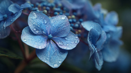 This image showcases stunning blue hydrangea flowers adorned with glistening raindrops on their petals, emphasizing the delicate beauty of nature in a serene setting.の素材