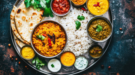 A vibrant Indian thali featuring an array of curries, rice, and flatbread, showcasing a colorful and flavorful culinary experience perfect for a feast.の素材
