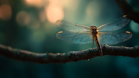 A serene image capturing a dragonfly perched gracefully on a branch, showcasing intricate wing patterns and soft evening light, perfect for nature enthusiasts and photographers.の素材