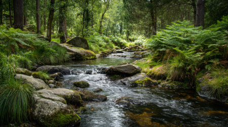 A peaceful forest scene featuring a gently flowing stream amidst lush greenery and rocky terrain, creating a serene atmosphere perfect for relaxation in nature.の素材