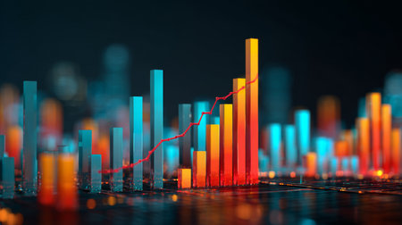 This vibrant 3D bar chart illustrates business growth with a glowing aesthetic, capturing the essence of data visualization in a modern digital environment.の素材