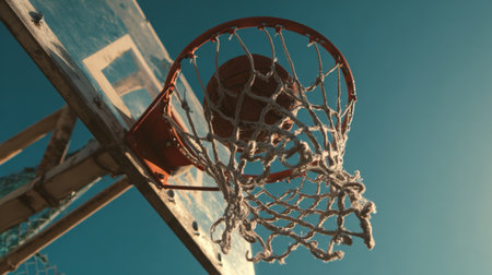 A basketball travels toward the hoop against a vibrant blue sky, capturing the excitement of outdoor play on a sunny day at a local sports court.の素材