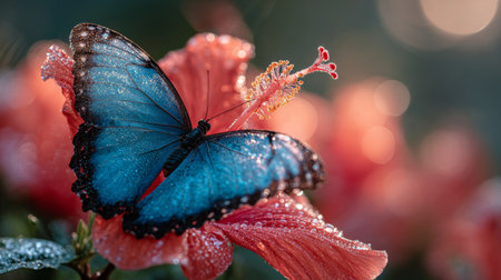 A stunning close-up of a vibrant blue butterfly resting on a dew-kissed hibiscus flower, capturing the beauty of nature in soft morning light, evoking tranquility and freshness.の素材