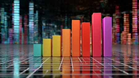 A vibrant 3D bar chart illustrating data growth and performance metrics. Colorful bars reflect modern design elements, ideal for financial and marketing visuals.の素材