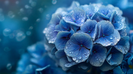 A stunning blue hydrangea flower gleams with water droplets, showcasing its vibrant petals. The soft background creates a serene and artistic nature scene.の素材