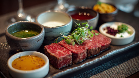 An exquisite gourmet meat platter featuring tender beef cuts accompanied by a variety of sauces and garnishes, perfect for showcasing culinary artistry.の素材