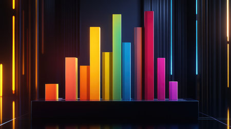 Vibrant bar graph displayed against a dark background, illustrating data visualization and modern design. Perfect for business and analytical concepts.の素材