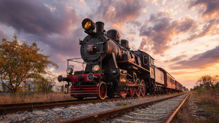A beautiful vintage steam locomotive rests on railway tracks at sunset. The warm colors of the sky create a nostalgic atmosphere, perfect for travel enthusiasts.の素材