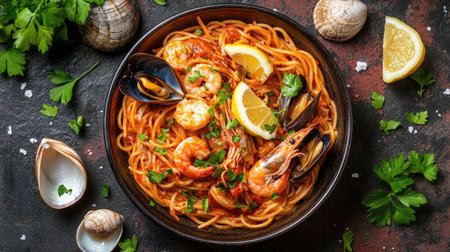 A visually appealing bowl of seafood pasta featuring shrimp, mussels, and fresh herbs, garnished with lemon slices on a rustic background. Perfect for culinary enthusiasts!の素材
