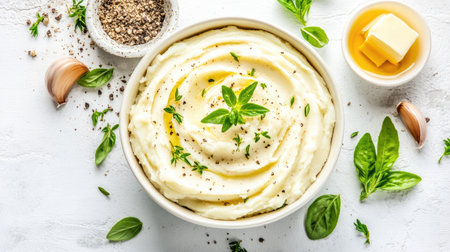 A bowl of creamy mashed potatoes garnished with fresh herbs, garlic, and pepper. Perfect for comfort meals or festive gatherings.の素材