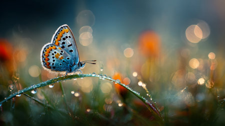 A stunning close-up shot of a butterfly resting on a dew-kissed grass blade, surrounded by colorful flowers, capturing the essence of nature's beauty and tranquility.の素材