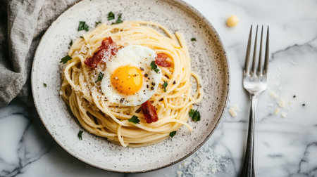 A beautiful presentation of spaghetti topped with a fried egg and bacon, garnished with herbs and cheese, perfect for any meal or gathering.の素材