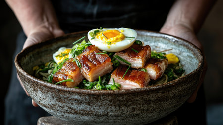 A beautifully presented bowl featuring savory noodles topped with succulent pork and a perfectly cooked egg, ideal for food enthusiasts and culinary lovers.の素材