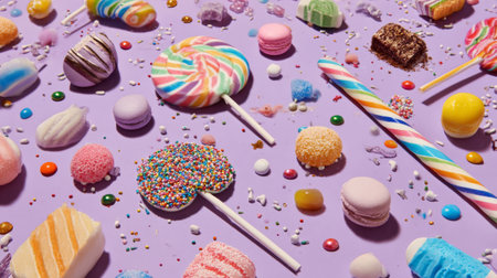 A delightful view of a vibrant collection of candies and sweets on a lilac background, perfect for illustrating joy, festivity, and indulgence in celebrations.の素材